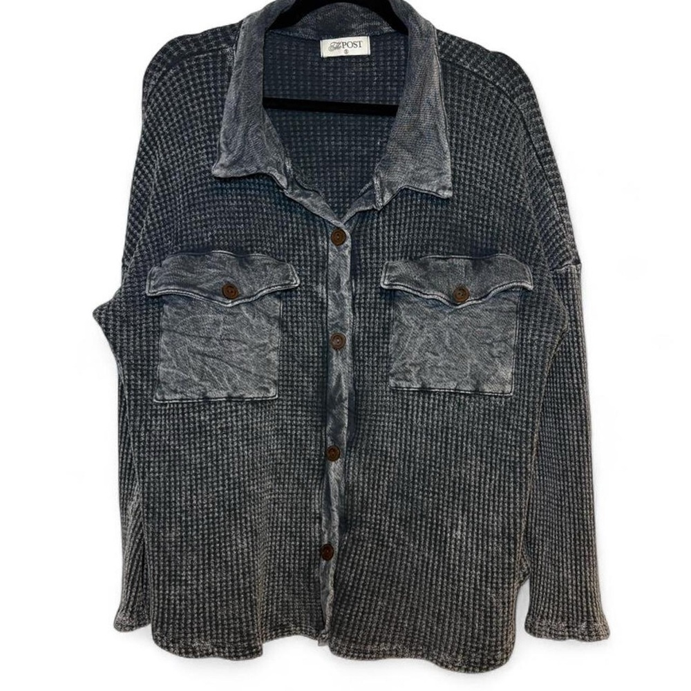 POST Washed Black Waffle Knit Button-Up Shirt Jacket